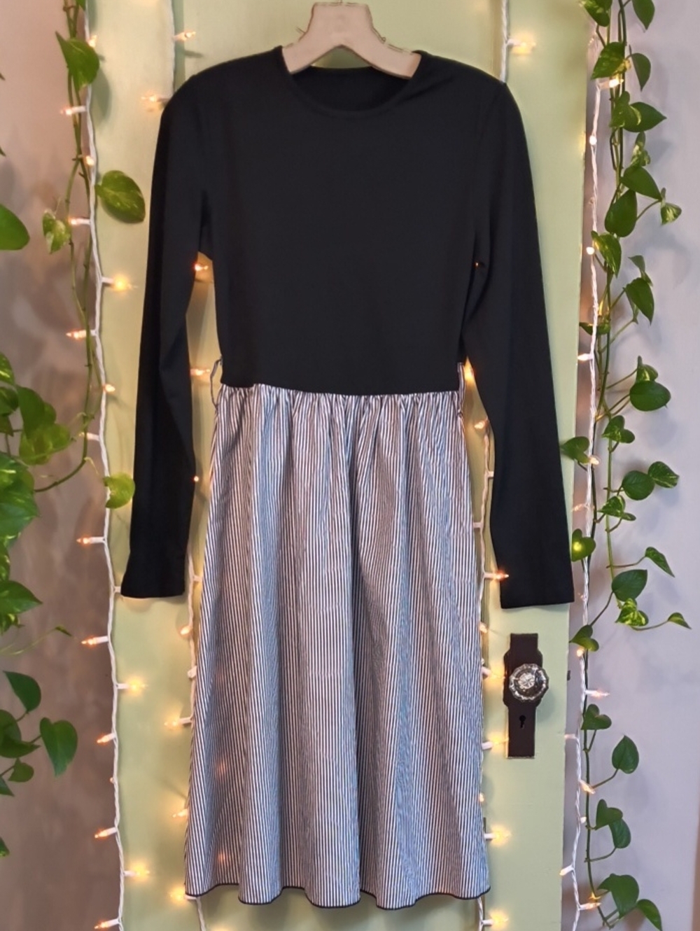 Women's Long Sleeve Black White Vertical Striped Dress S